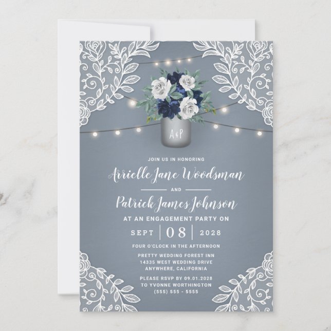 Invitación Dusty Blue Country Lace Mason Jar Engagement Party (Anverso)