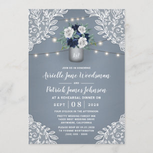 Invitación Dusty Blue Country Lace Mason Jar Ensayo Cena