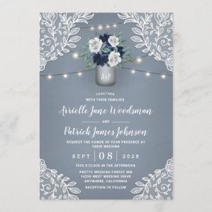 Invitación Dusty Blue Country White Lace Mason Jar Boda