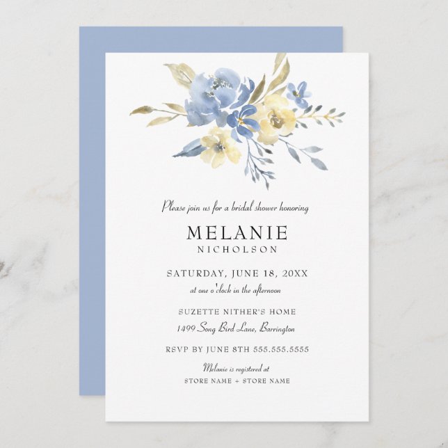 Invitación Dusty Blue Cream Floral Bridal Shower (Anverso / Reverso)