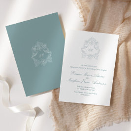 Invitación Dusty Blue Crest Monograma Boda Sofisticada