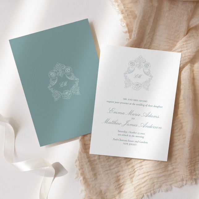 Invitación Dusty Blue Crest Monograma Boda Sofisticada (Subido por el creador)