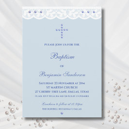 Invitación Dusty Blue Cross Christening Christian Baptism