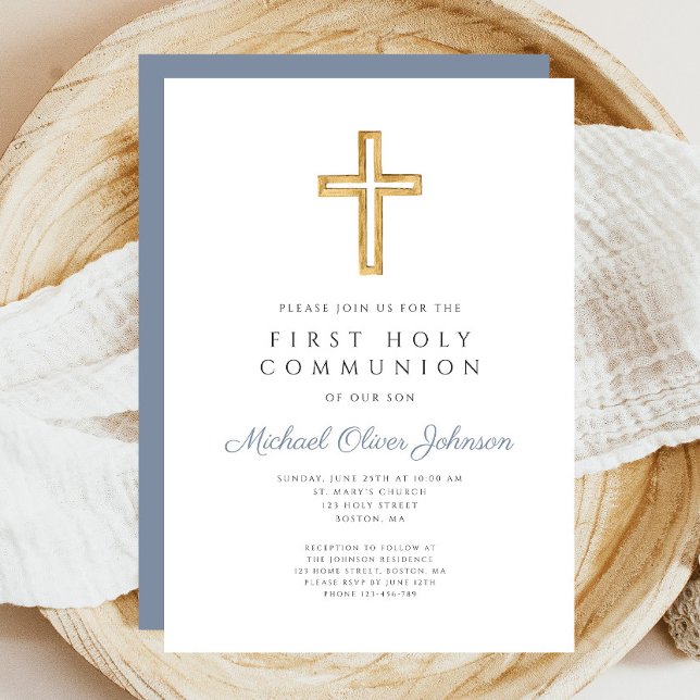 Invitación Dusty Blue Cross Religion Boy First Communiation (Dusty Blue Cross Religious Boy First Communion Invitation)
