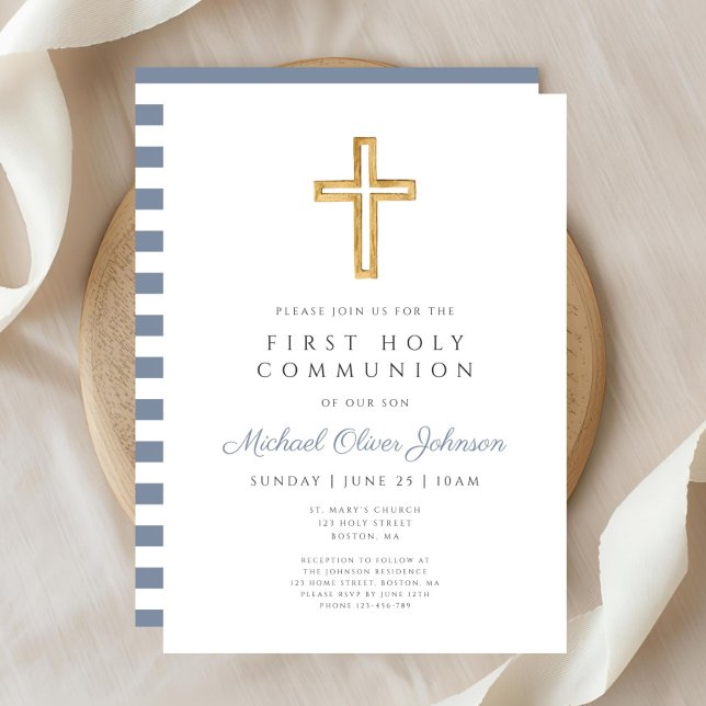Invitación Dusty Blue Cross Religious Boy Primera Comunión (Dusty Blue Religious Cross Boy First Communion Invitation)
