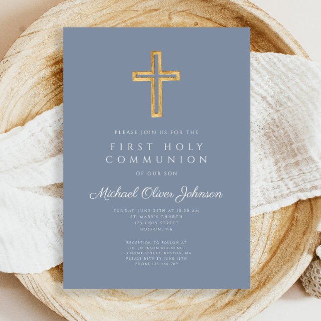 Invitación Dusty Blue Cross Religious Boy Primera Comunión (Dusty Blue Religious Cross Boy First Communion Invitation)