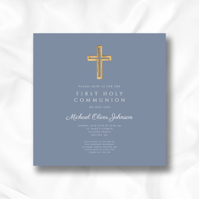 Invitación Dusty Blue Cross Religious Boy Primera Comunión (Dusty Blue Religious Cross Boy First Communion Invitation)