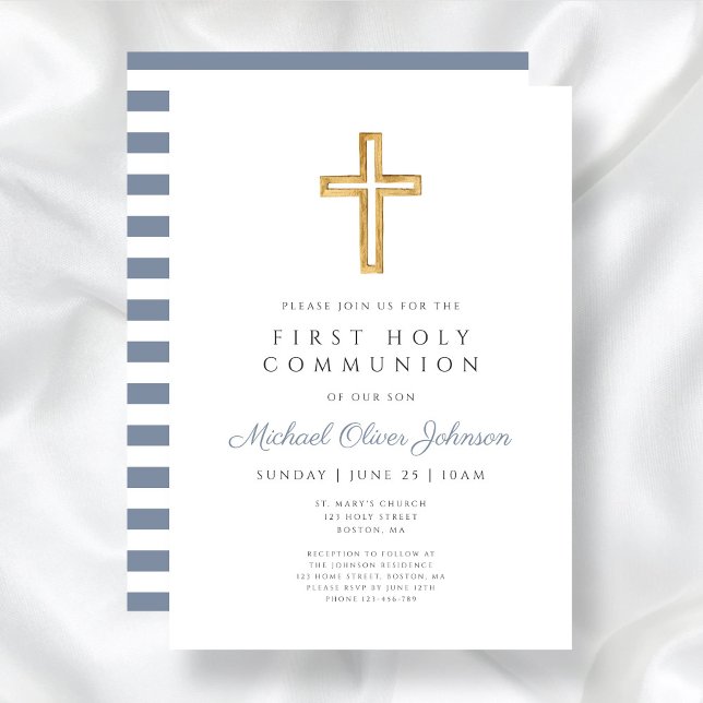 Invitación Dusty Blue Cross Religious Boy Primera Comunión (Dusty Blue Religious Cross Boy First Communion Invitation)