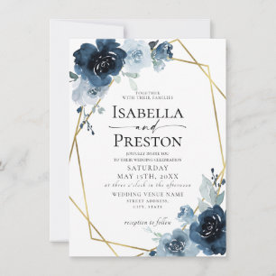 Invitación Dusty Blue Dary Navy Boho Relieve metalizado dorad
