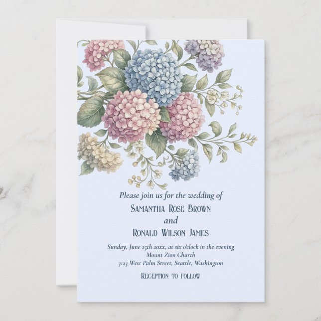 Invitación Dusty Blue Delicate Hydrangea Flowers Wedding (Anverso)