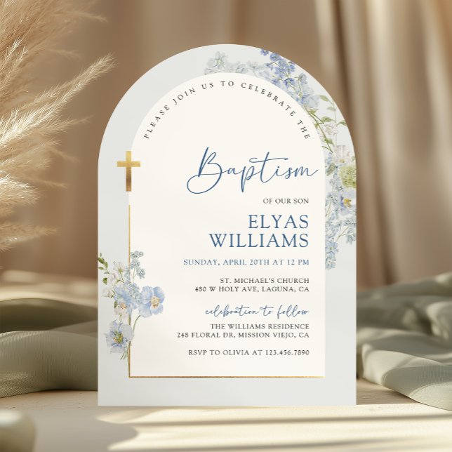 Invitación Dusty Blue Delphinium Floral Arched Boy Baptism (Subido por el creador)