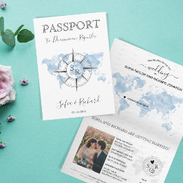 Invitación Dusty Blue Destination Wedding World Map Passport