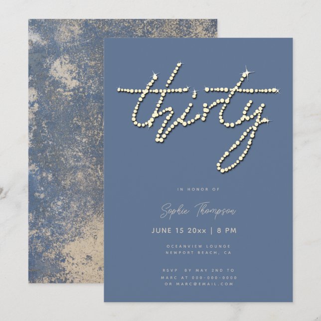 Invitación Dusty Blue Diamantes de imitación caligrafía 30 cu (Anverso / Reverso)