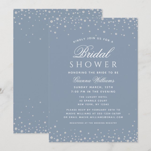 Invitación Dusty Blue Diamonds Ducha Bridal De Lujo Moderno (Anverso / Reverso)