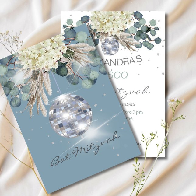 Invitación Dusty Blue Disco Ball Floral Bat Mitzvah (Subido por el creador)
