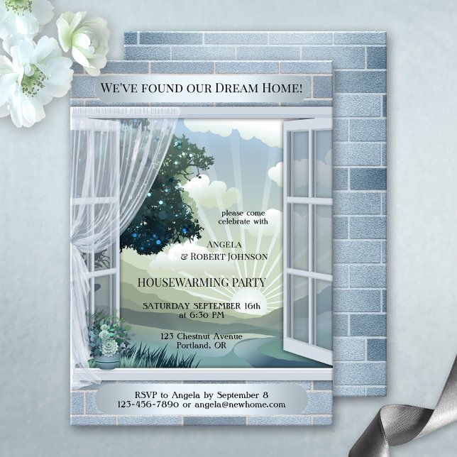 Invitación Dusty Blue Dream Home (Housewarming party invitation featuring a dreamy dusty blue silver and pale green design)