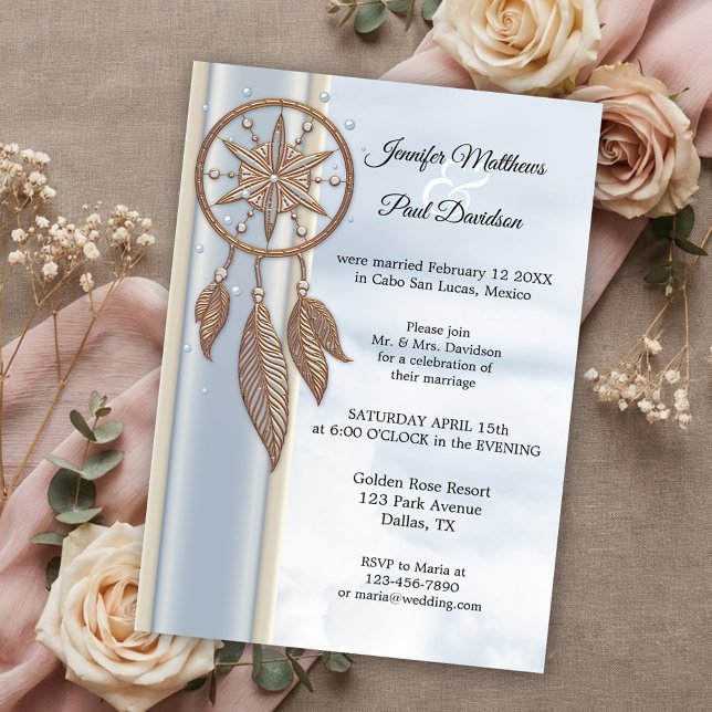 Invitación Dusty Blue Dreamcatcher Wedding Only (After wedding invitation featuring a dusty blue design with a rose gold dreamcatcher)
