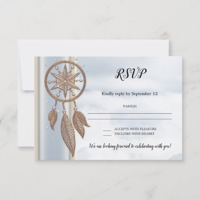 Invitación Dusty Blue Dreamcatcher Wedding RSVP Card (Anverso)