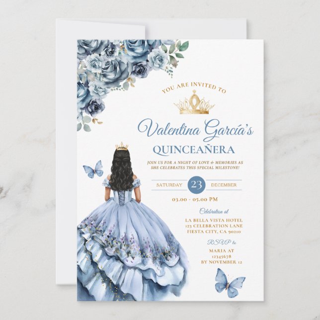 Invitación Dusty Blue Dress Quinceañera 15 Anos Flores de Oro (Anverso)