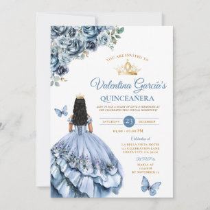 Invitación Dusty Blue Dress Quinceañera 15 Anos Flores de Oro