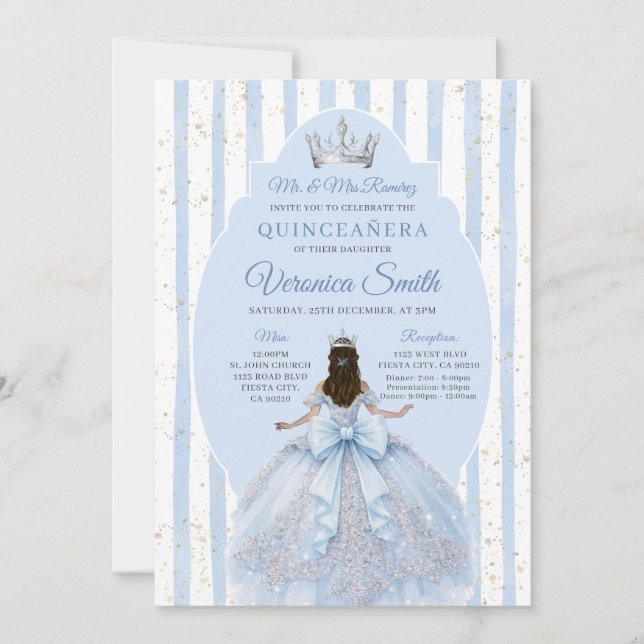 Invitación Dusty Blue Dress with Bow Quinceañera Birthday (Anverso)