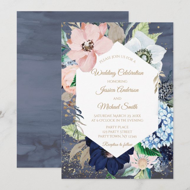Invitación Dusty Blue Dusty Rosa Gold Boda Floral (Anverso / Reverso)