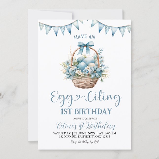 Invitación Dusty Blue Eggciting Birthday (Anverso)