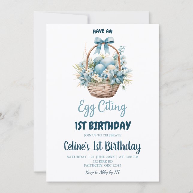 Invitación Dusty Blue Eggciting Birthday (Anverso)