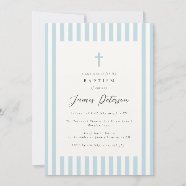 Invitación Dusty Blue Elegant Baptism Boy (Anverso)