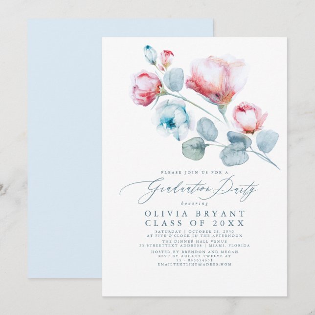 Invitación Dusty Blue Elegant Boho Floral Graduation Party (Anverso / Reverso)