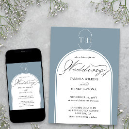 Invitación Dusty Blue Elegant Calligraphy Monogramed Boda