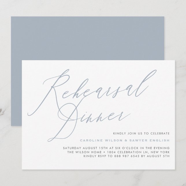 Invitación Dusty Blue Elegant Calligraphy Test Cena (Anverso / Reverso)