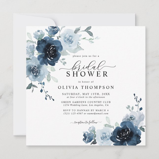 Invitación Dusty Blue Elegant Ducha Botánica Bridal de la Mar (Anverso)