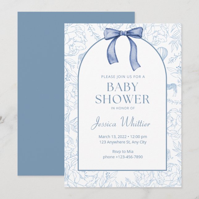 Invitación Dusty Blue Elegant Floral Baby Shower (Anverso / Reverso)
