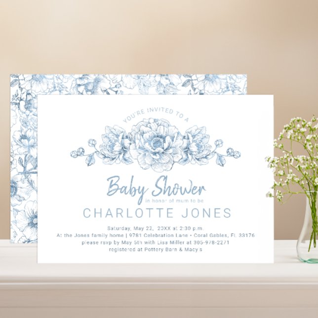 Invitación Dusty Blue Elegant Floral Invite a Baby Shower (Dusty Blue Floral Baby Shower)