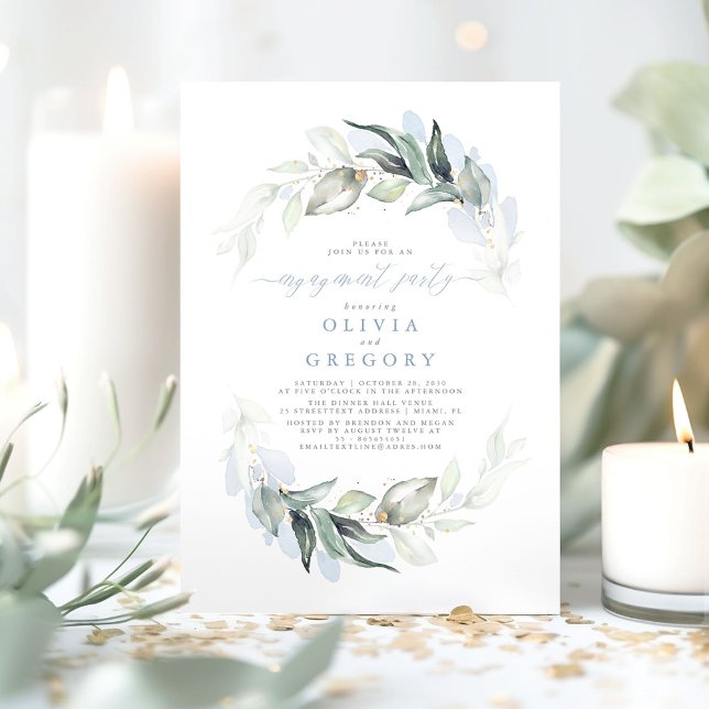 Invitación Dusty Blue Elegant Green Engagement Party (Dusty Blue Greenery Engagement Party Invitations )
