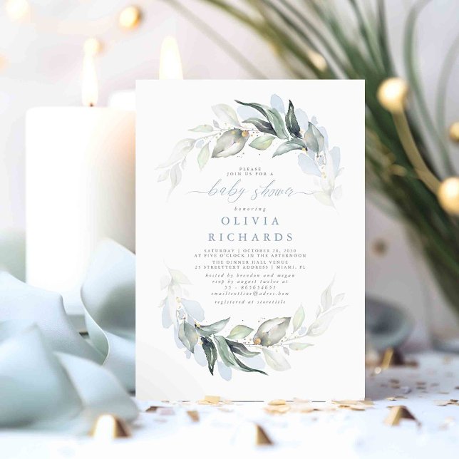 Invitación Dusty Blue Elegant Greenery Baby Shower (Dusty Blue Greenery Baby Shower Invitations)