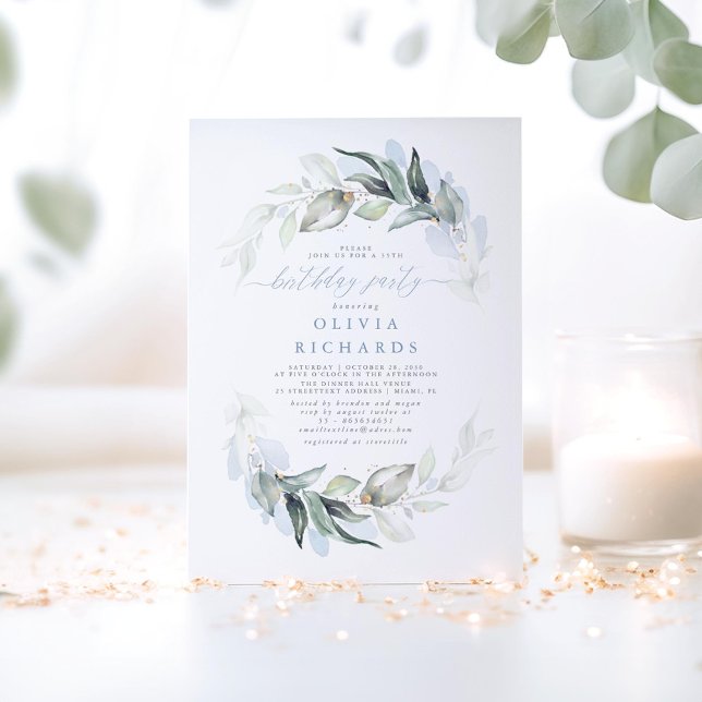 Invitación Dusty Blue Elegant Greenery Fiesta de Cumpleaños (Dusty Blue Greenery Birthday Invitations)