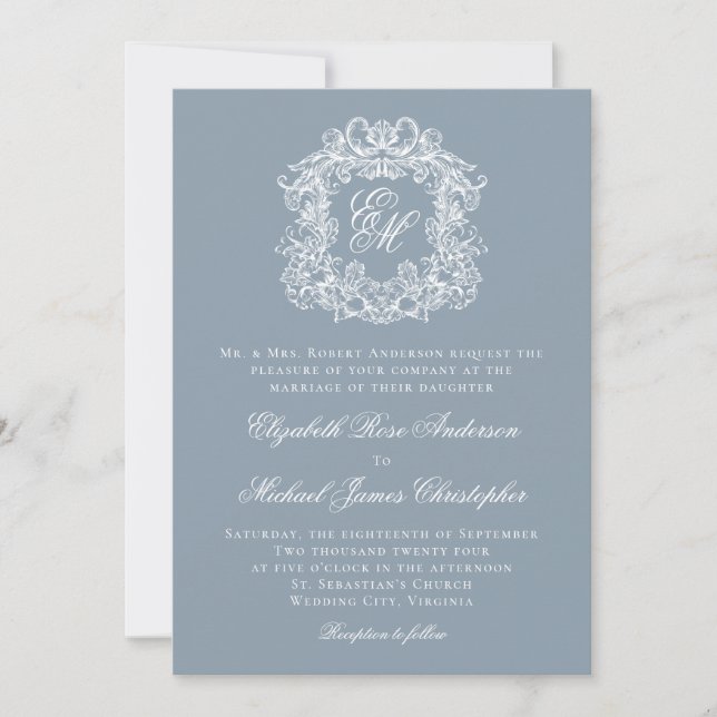 Invitación Dusty Blue Elegant Monogram Crest Wedding (Anverso)