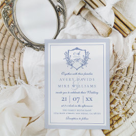 Invitación Dusty Blue Elegant Rosas de época Escudo Boda