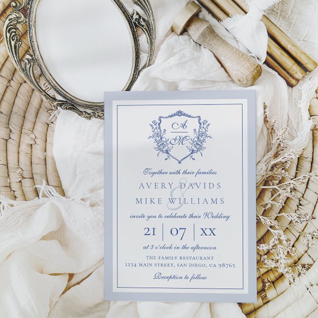 Invitación Dusty Blue Elegant Rosas de época Escudo Boda (Subido por el creador)
