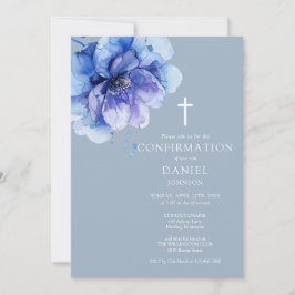 Invitación Dusty Blue Elegant Watercolor Floral Confirmación