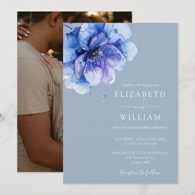 Invitación Dusty Blue Elegant Watercolor Floral Photo Boda (Anverso / Reverso)