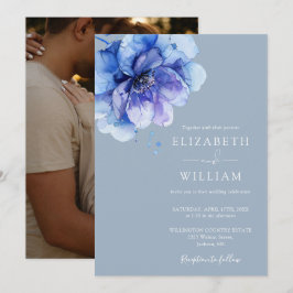 Invitación Dusty Blue Elegant Watercolor Floral Photo Boda