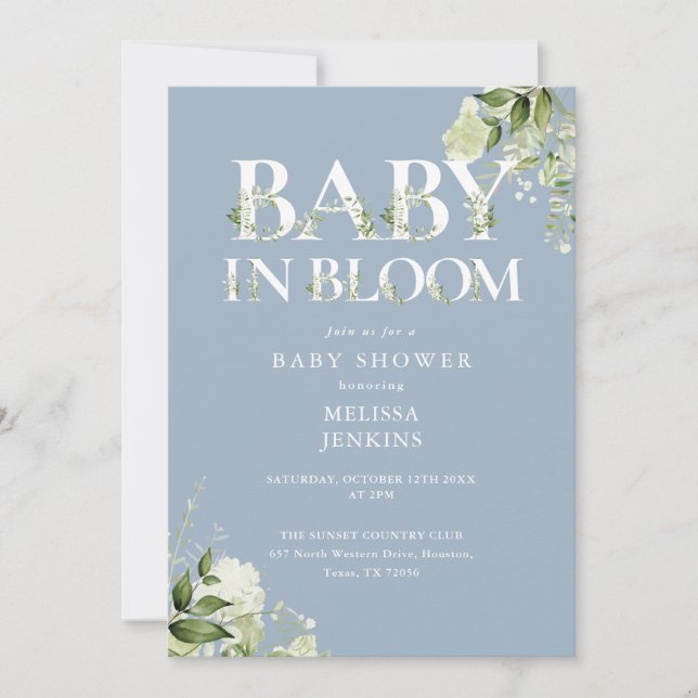 Invitación Dusty Blue En Flor Greenery Código QR Baby Shower (Anverso)