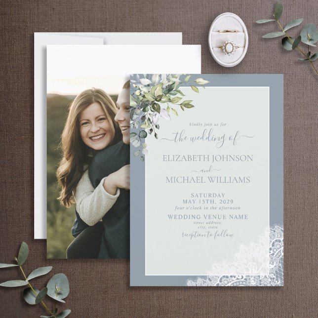 Invitación Dusty Blue Eucalyptus Boda de fotografía de madera (Subido por el creador)
