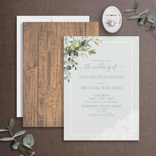 Invitación Dusty Blue Eucalyptus Boda de Madera Botánica