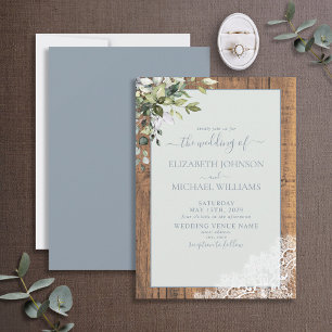 Invitación Dusty Blue Eucalyptus Boda de Madera Botánica