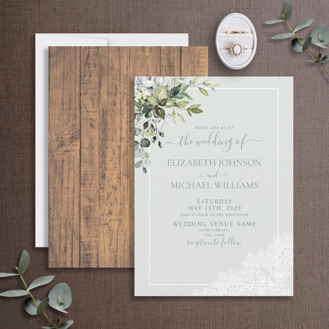 Invitación Dusty Blue Eucalyptus Boda de Madera Botánica (Subido por el creador)