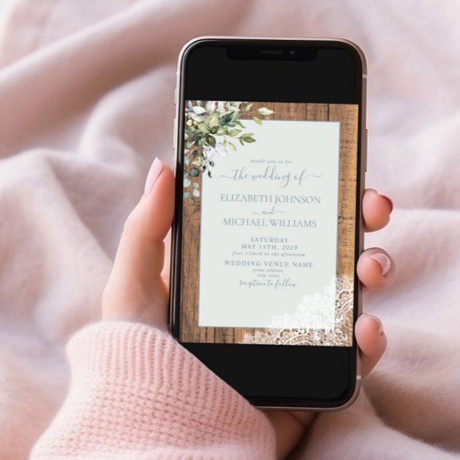 Invitación Dusty Blue Eucalyptus Boda de Madera Botánica (Subido por el creador)